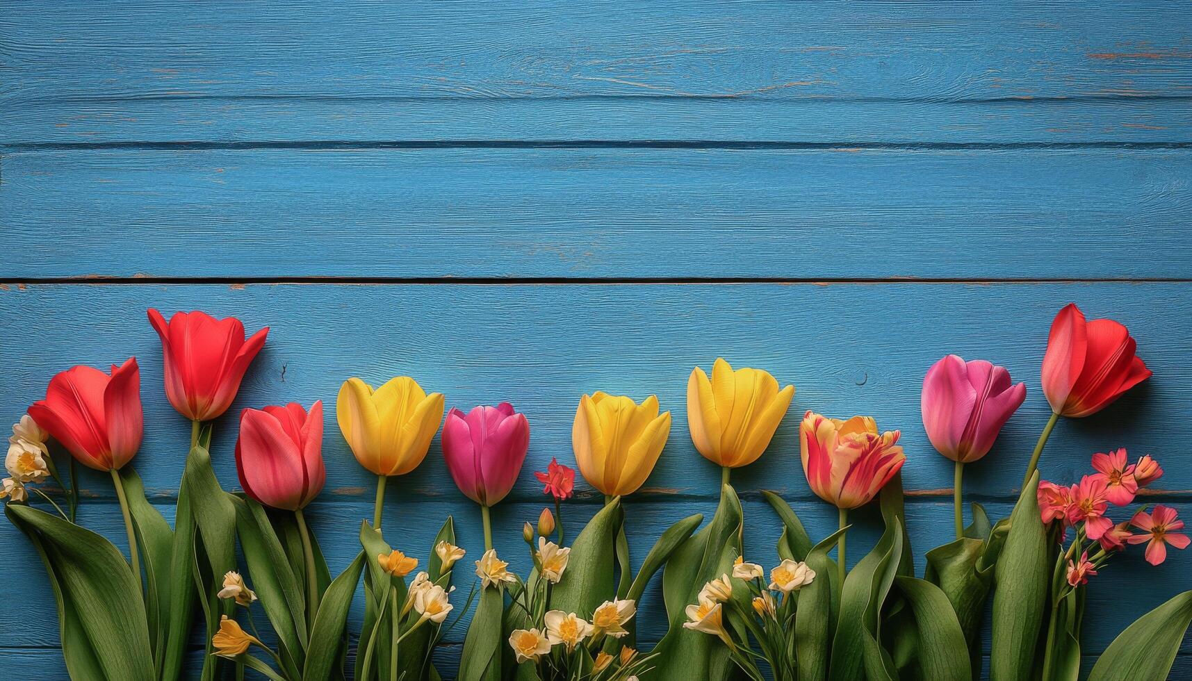 Colorful arrangement of tulips and daffodils on blue wooden background showcasing springtime beauty and photo
