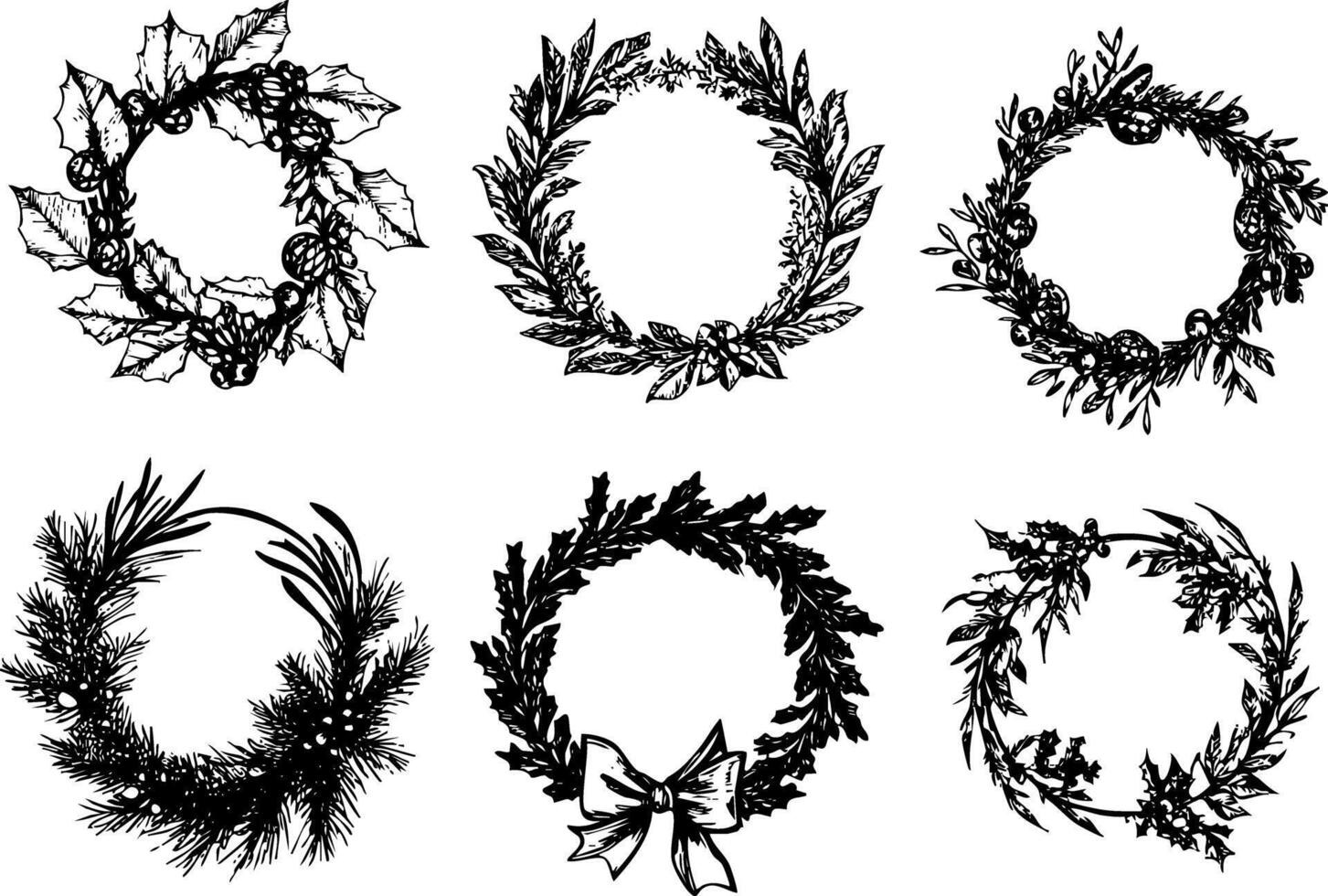 Set of six black and white decorative wreath illustrations. vector