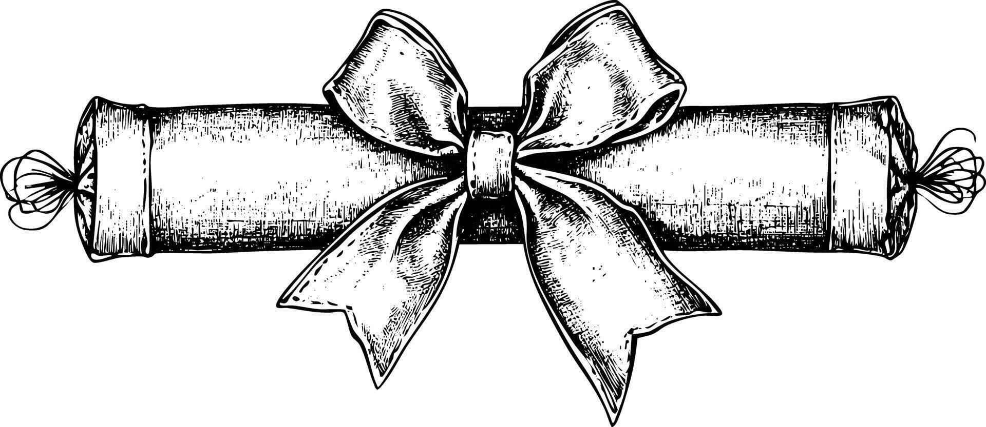 Vintage scroll with decorative ribbon and bow illustration in black and white. vector