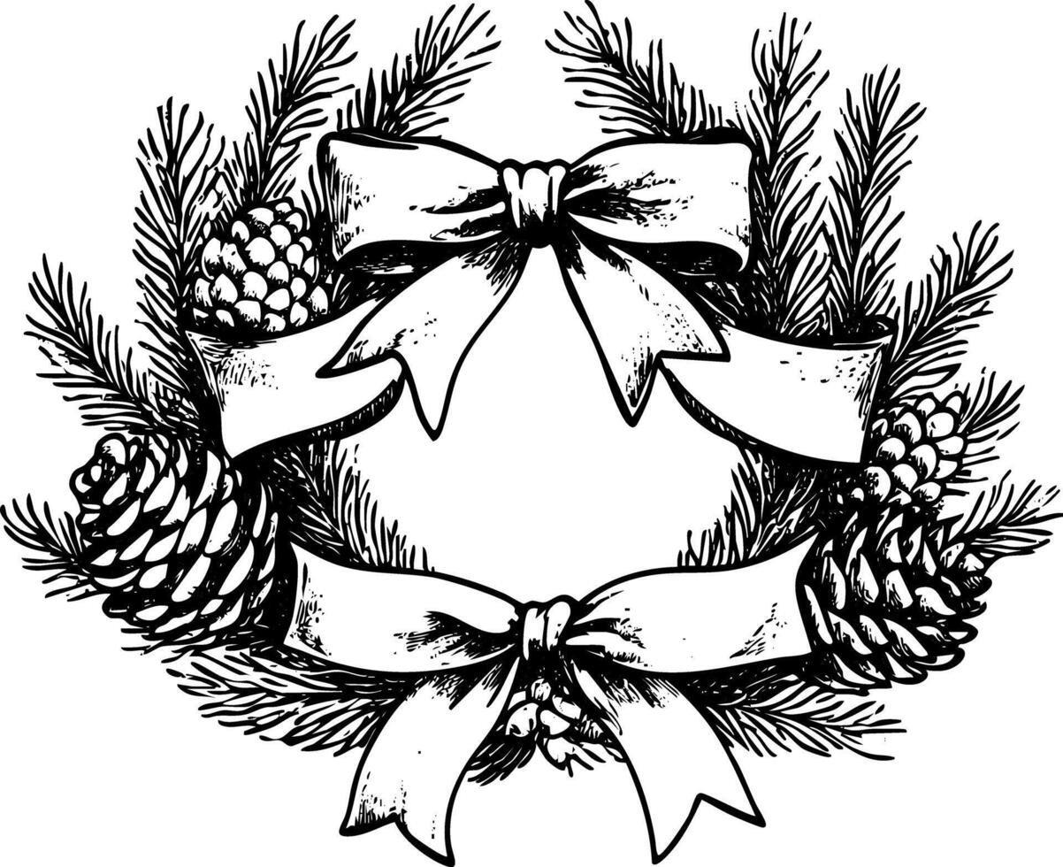 Hand-drawn Christmas wreath with ribbons and pine cones in black and white. vector