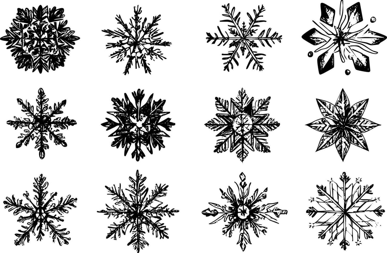 Collection of decorative snowflake vectors in black and white design.