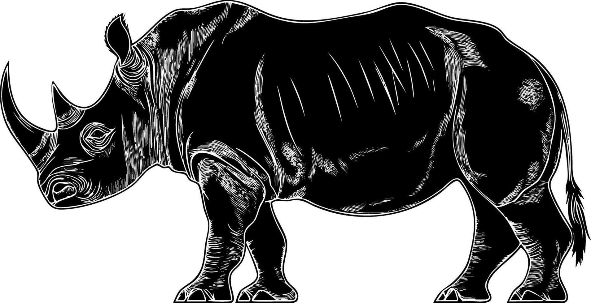Black and white illustration of a rhinoceros in detailed line art style. vector