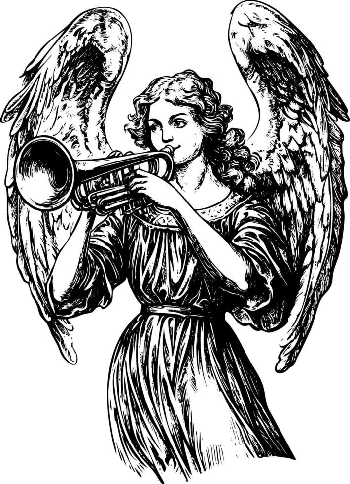 Vintage black and white illustration of an angel playing a trumpet. vector