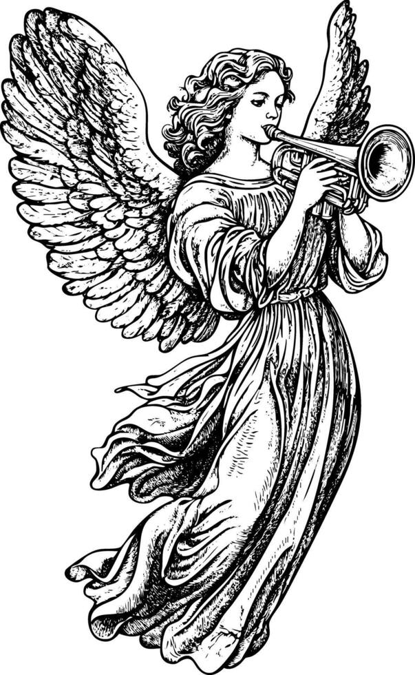 Vintage sketch of a winged angel playing a trumpet in black and white. vector