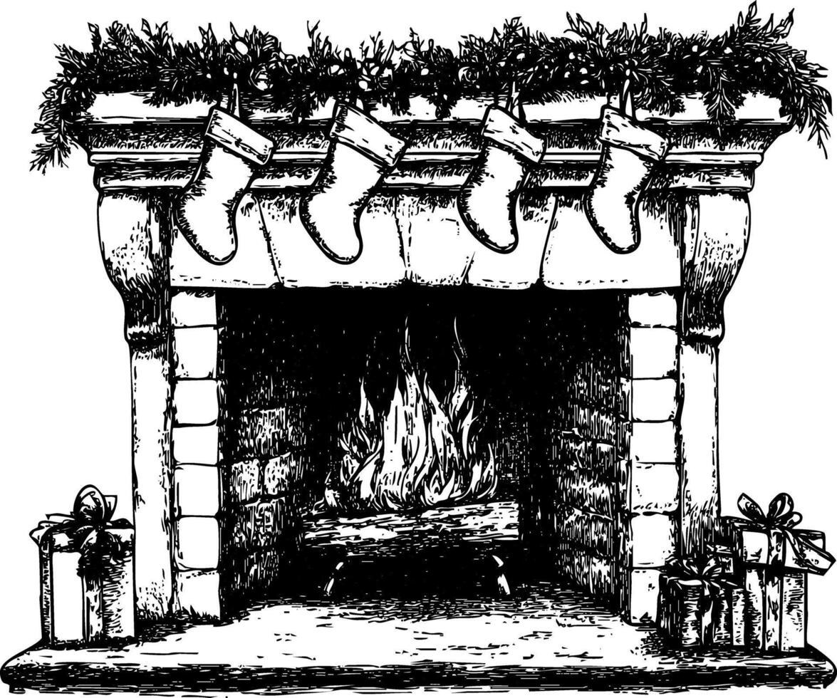 Black and white illustration of a holiday fireplace with stockings and gifts. vector