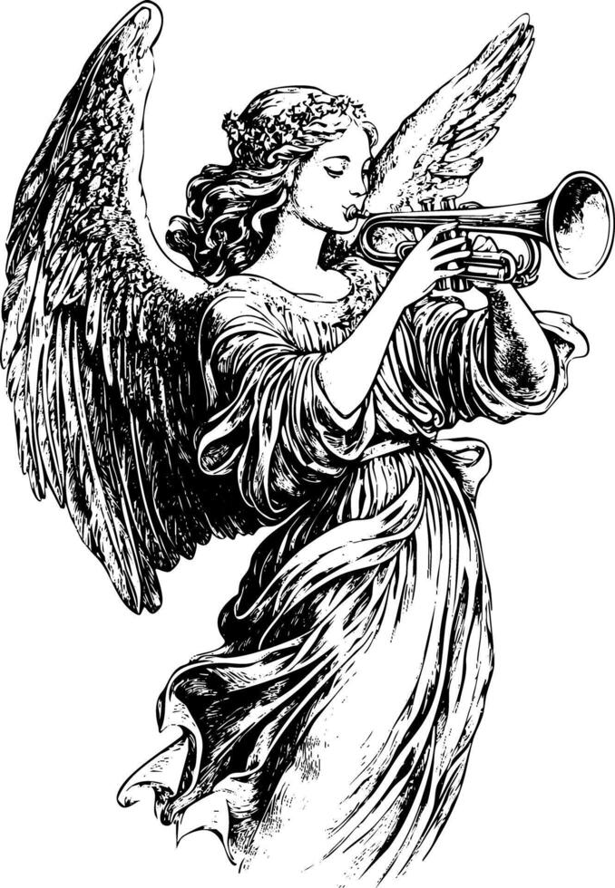 Illustration of a winged angel playing a trumpet in black and white. vector
