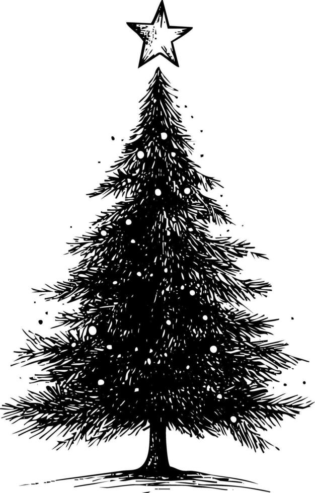 Black and white Christmas tree illustration with a star on top. vector