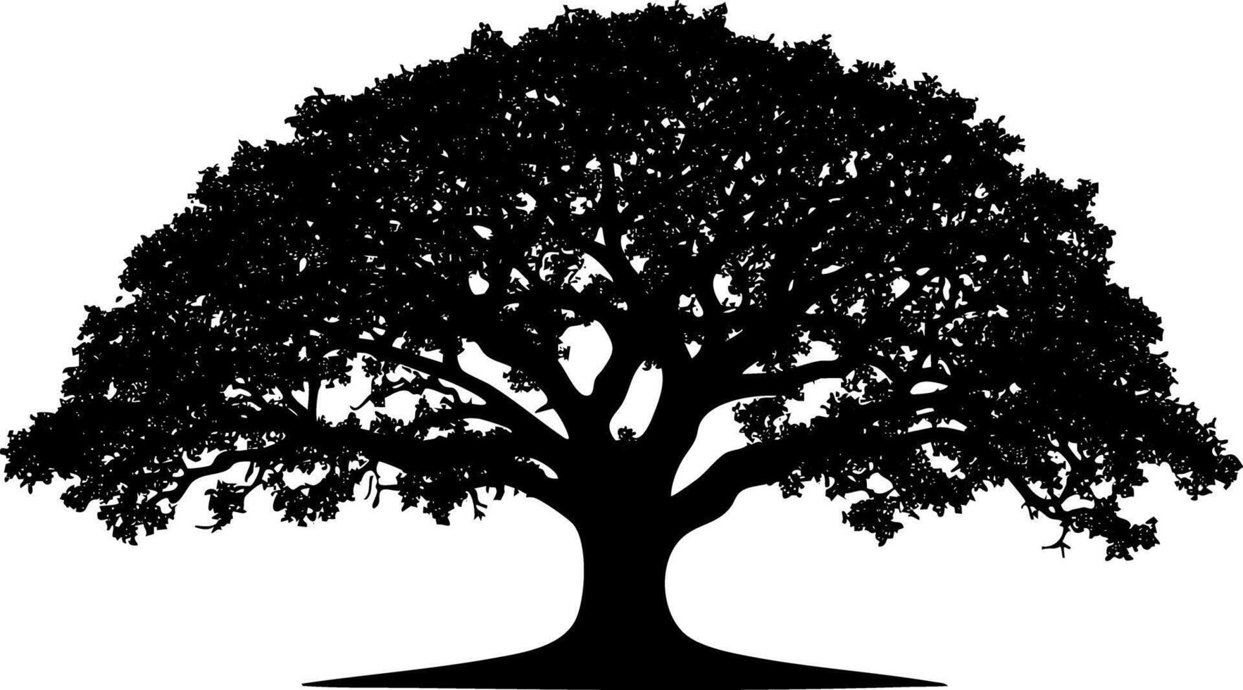 Silhouette of a large oak tree with detailed branches and leaves. vector