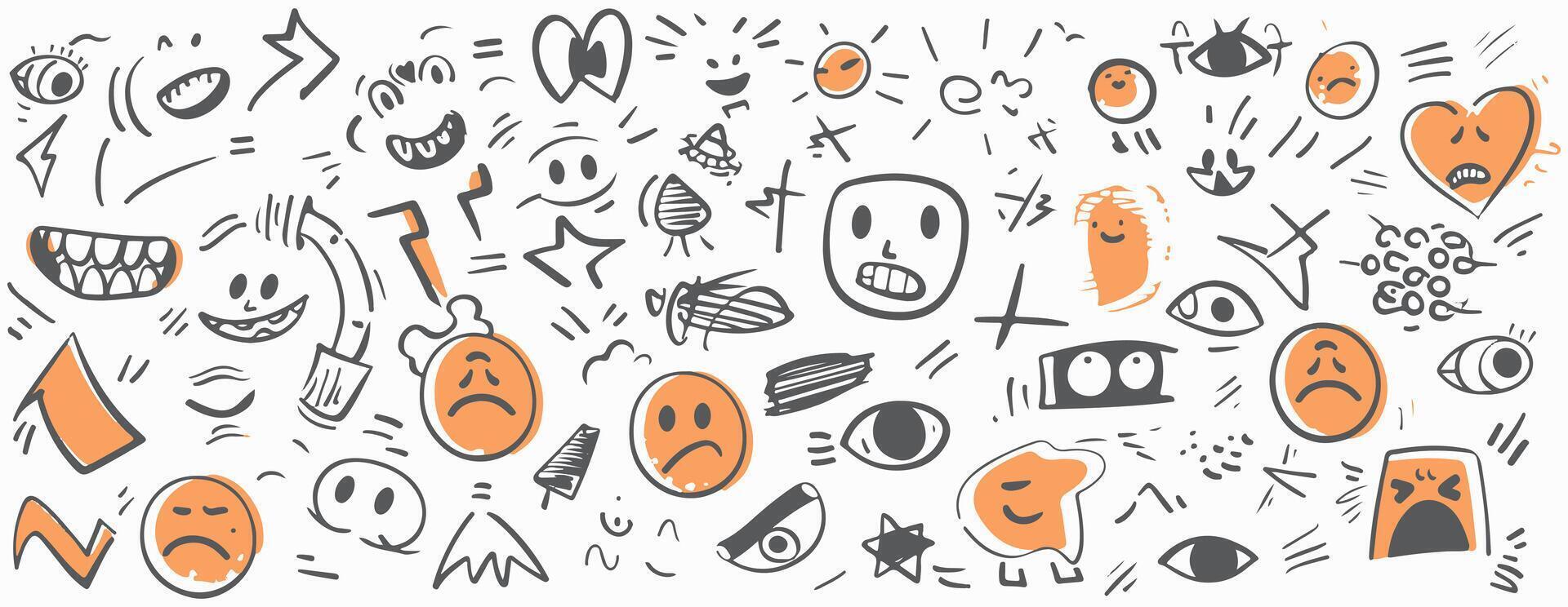 Assortment of hand-drawn cartoony expression signs, directional arrows, emoticon effects, and decorative brush stroke lines, perfect for symbolizing cartoon character emotions. vector