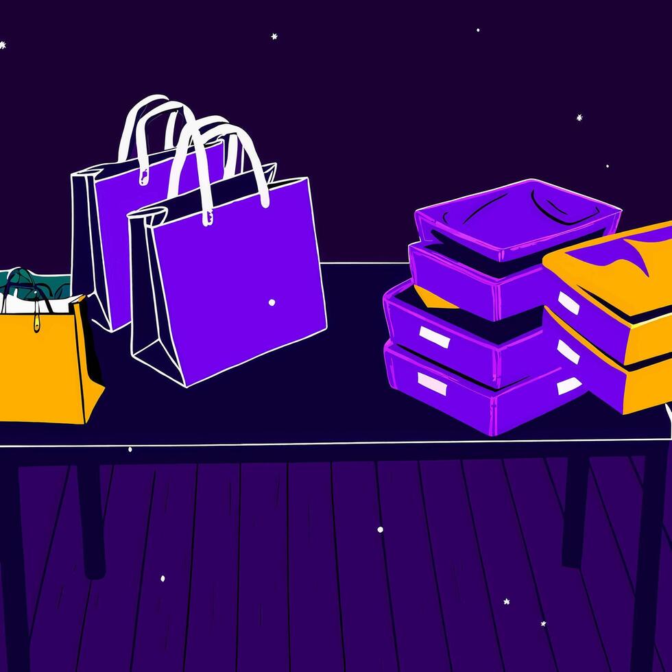 Table with purple bags vector