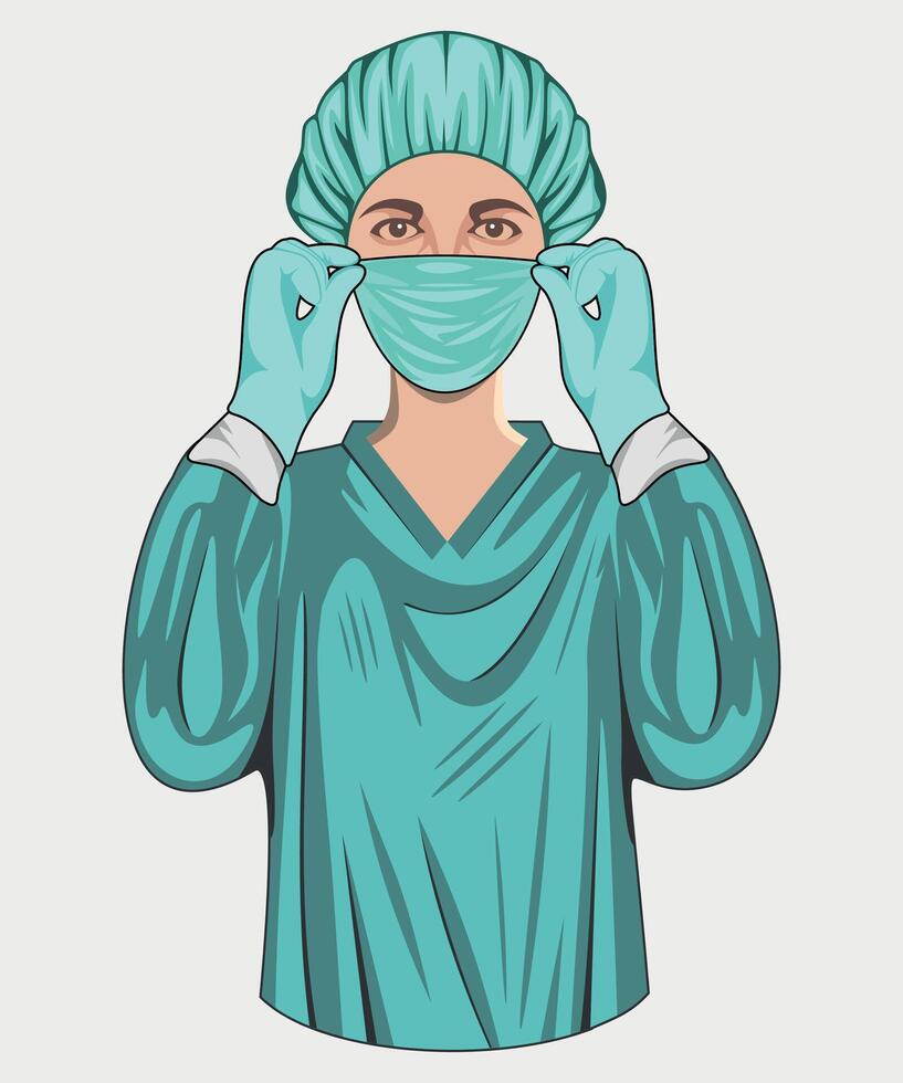 green icon of surgeon in mask, surgeon in gown, surgeon in cap, doctor isolated on white background vector