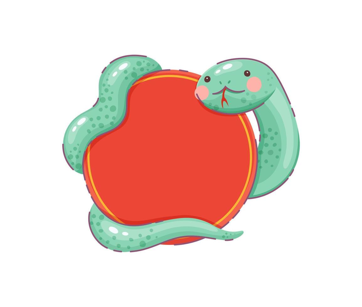 Cute green snake wrapped around a round red banner vector