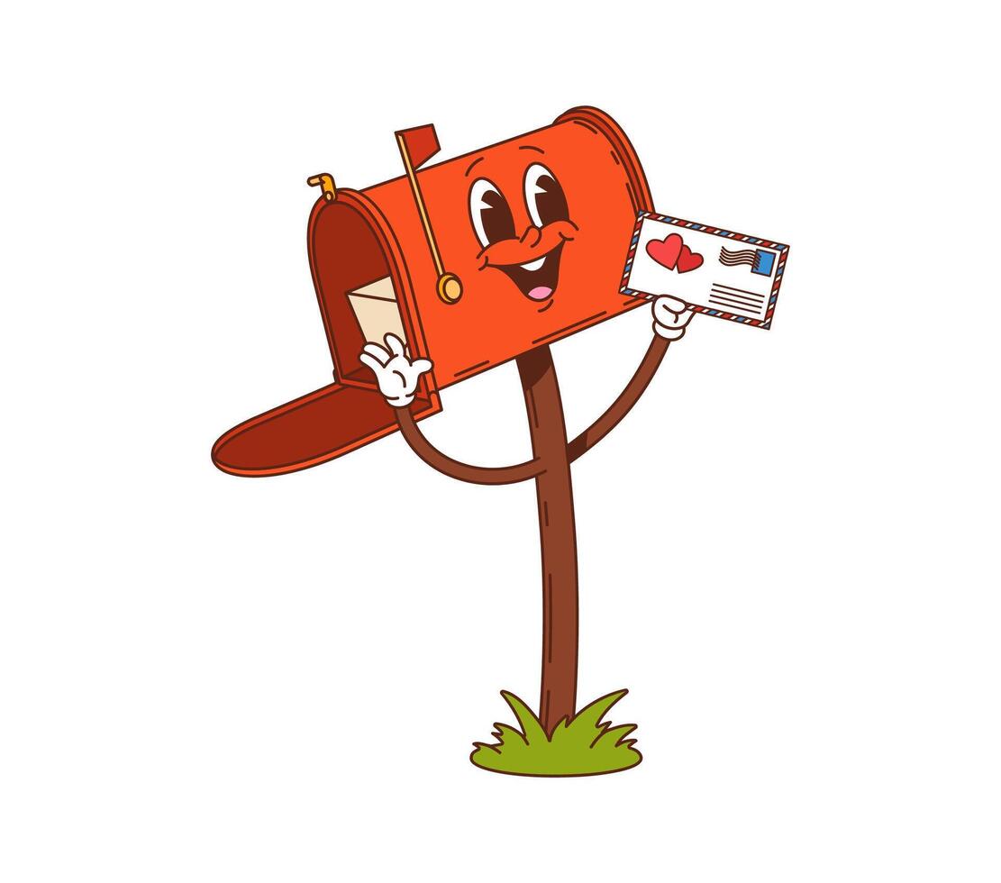 Cartoon groovy Valentine day red postbox character vector