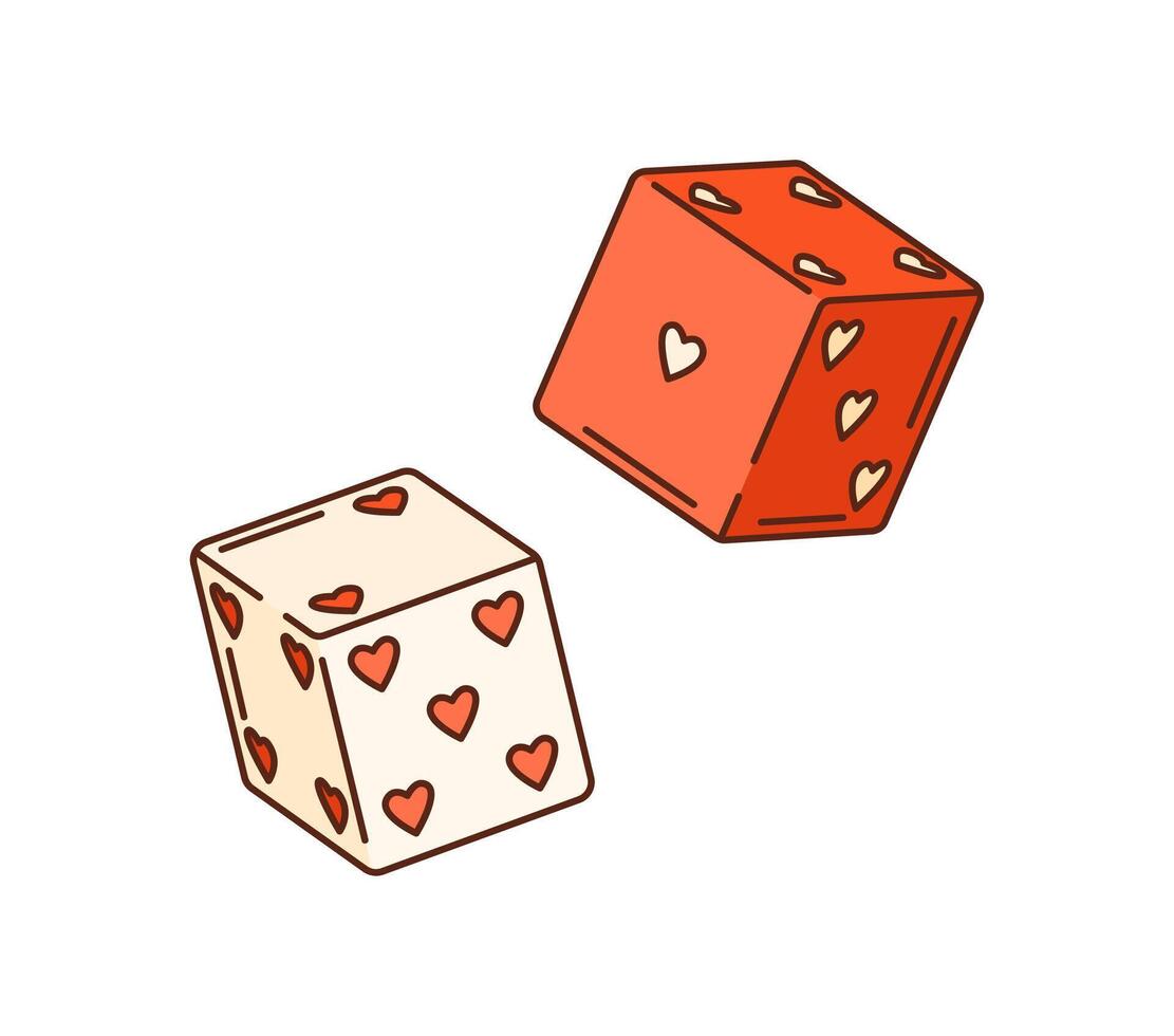 Cartoon groovy Valentine dices with heart dots vector