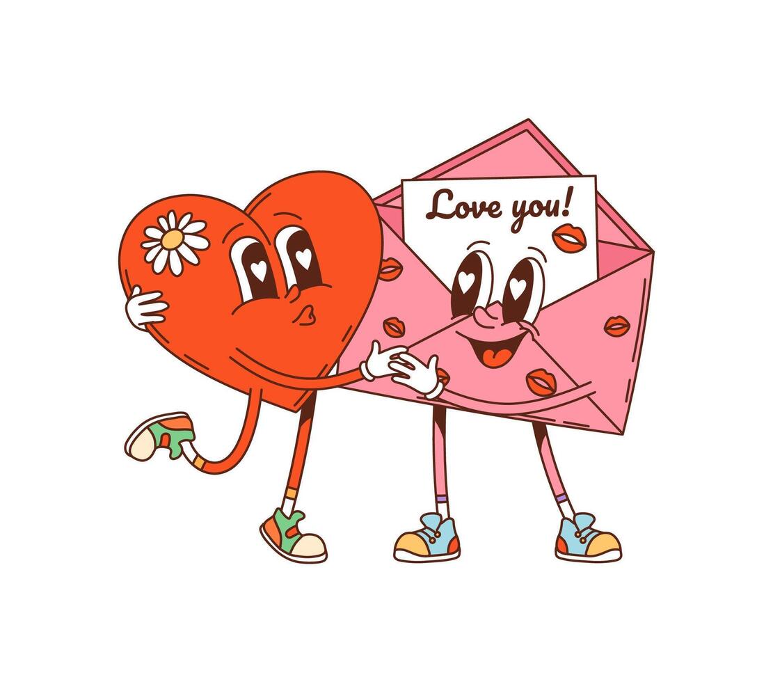 Cartoon groovy valentine day envelope and heart vector