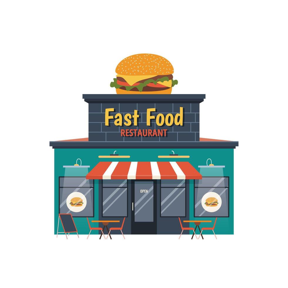 Facade of fast food restaurant building. Modern bistro, cafe, burger joint. Isolated flat icon on transparent background. vector