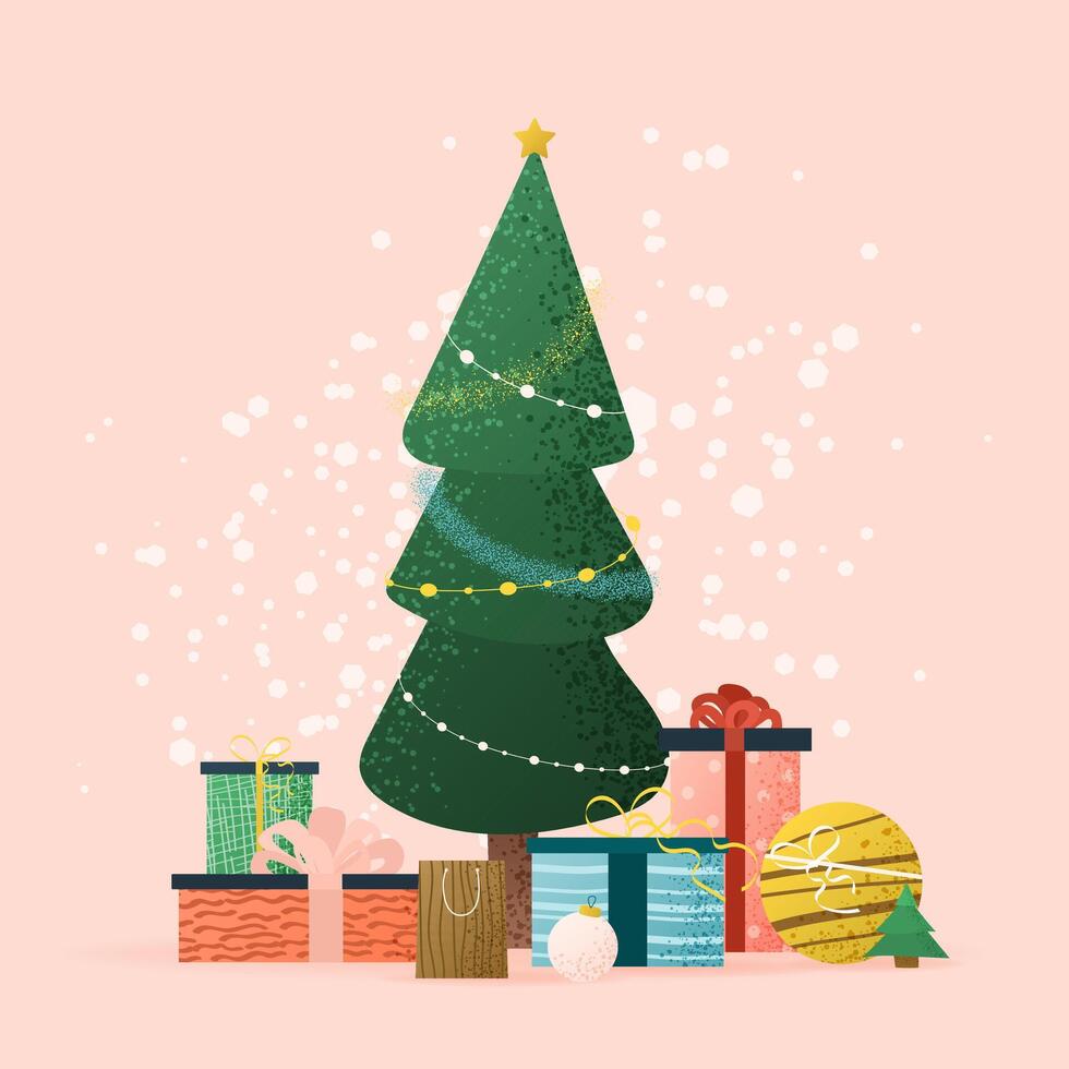 Textured illustration with fir, gift boxes, toys, and snowflakes. Cozy scene of fir tree decorated for xmas. Flat art to celebrate happy new year, xmas, hello winter. Hand drawn illustration. vector