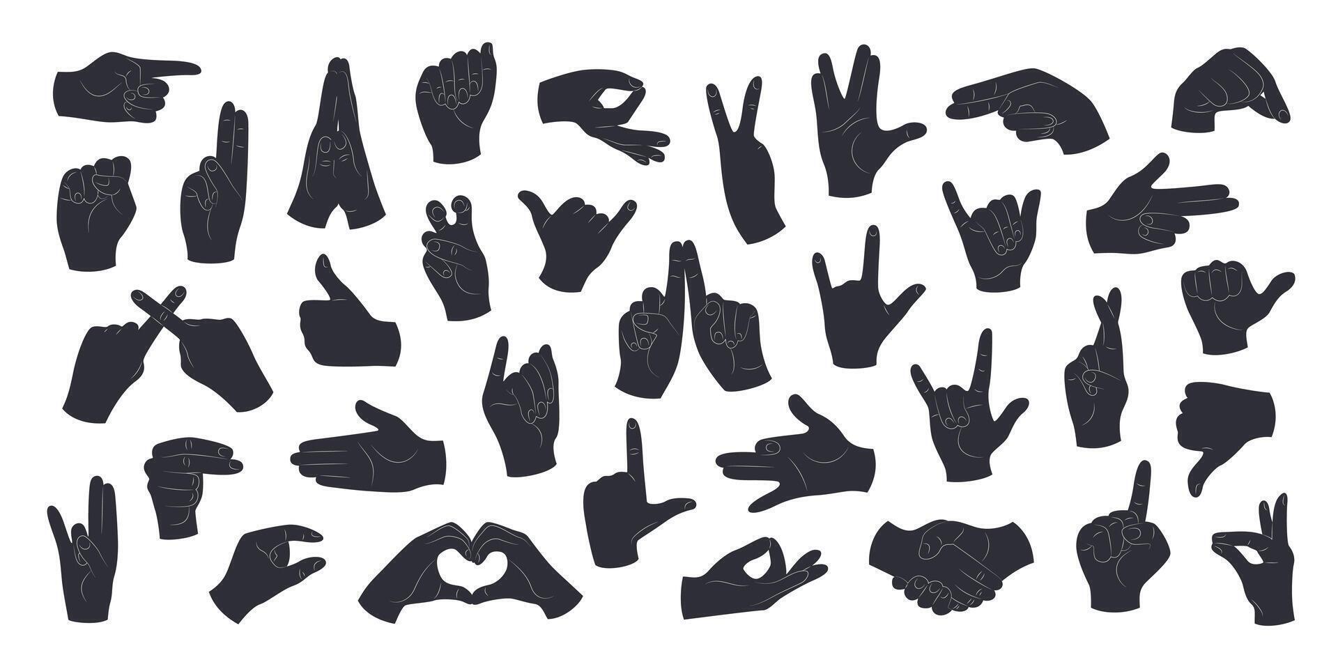 Silhouettes of human hands with different gestures and positions. Hands showing rock sign, call me, luck, greeting, dislike, fist, love. Isolated black illustrations on a white background. vector