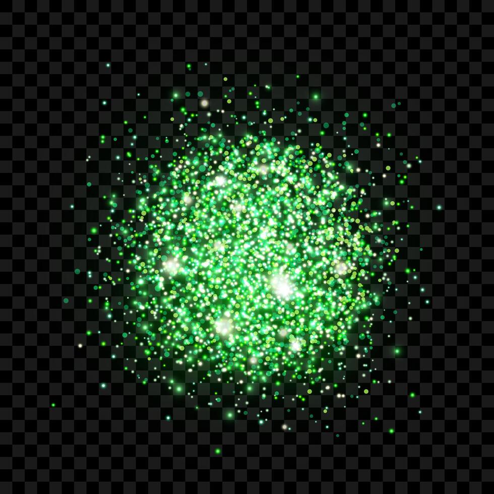 Spot of green glitter, sparkles, confetti. Isolated scattering particles with light effect. Abstract neon element with flares, glares and stars. Transparent grainy dot for luxurious designs. vector