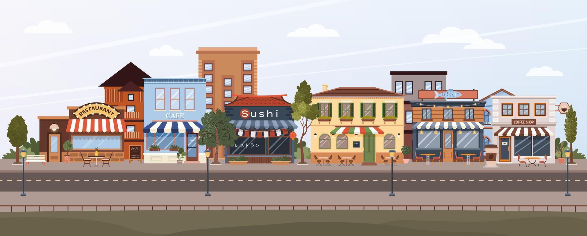 Panorama of modern city. Cityscape with municipal buildings, Italian and fish restaurant, sushi place, coffee house, park, trees. Horizontal urban landscape. Flat Illustration of town view. vector