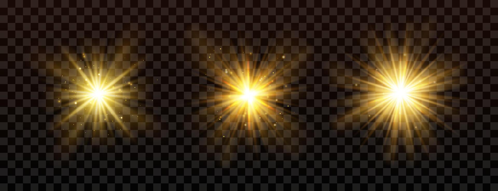 Transparent light effect set. Golden sunlight, sun, laser beams, sunrays with flares. Abstract isolated elements for web, birthday, New Year, festival and show designs. Transparent clip art. vector
