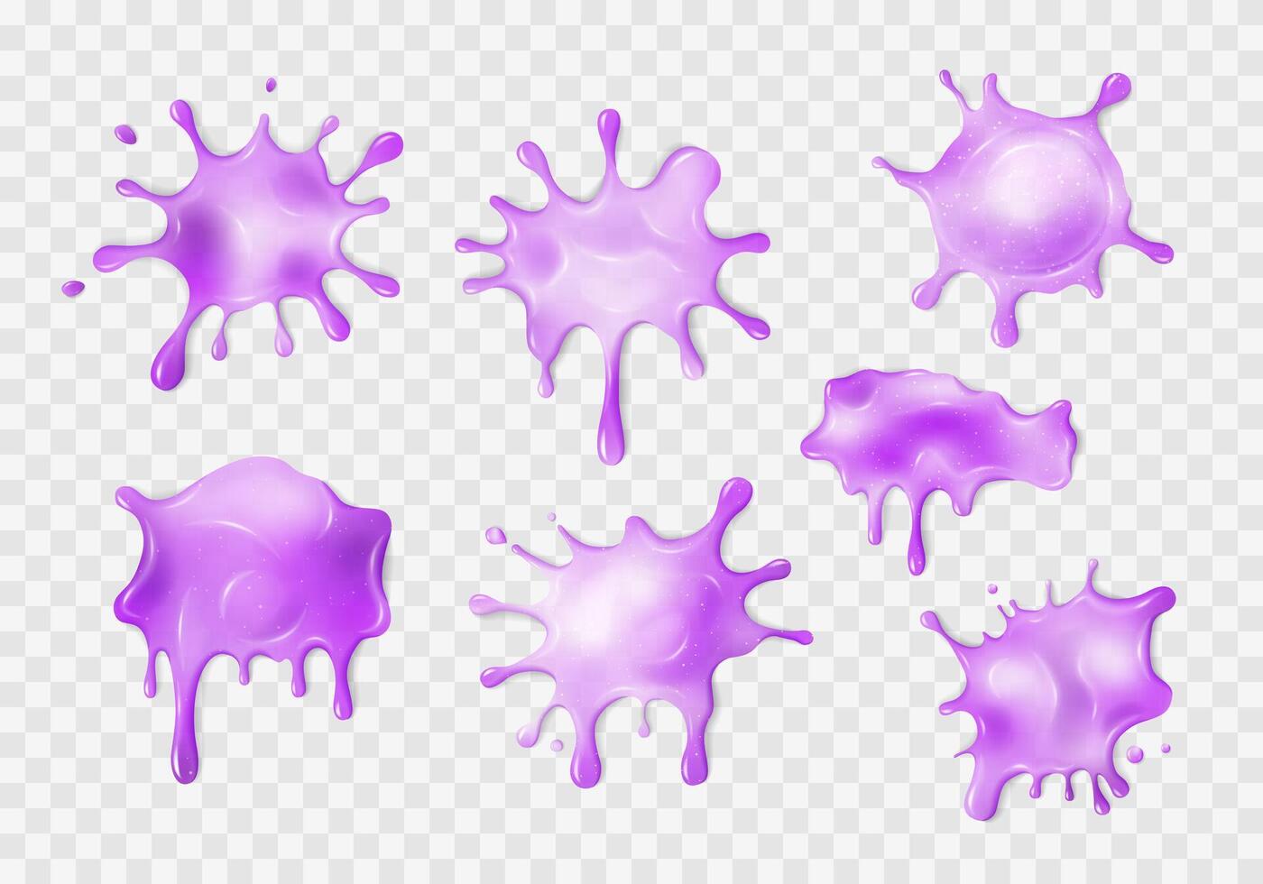 Liquid neon violet slime blots. Set of realistic slimy stains with drops. Different shapes of sticky dripping mucus. Isolated abstract textures with glitter. Toxic splashes, jelly, gelatin. vector