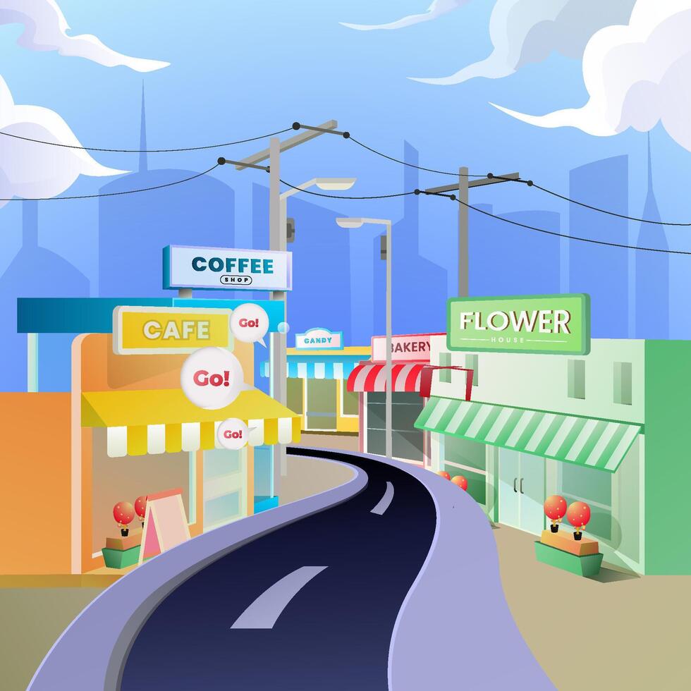 A street with a cafe, flower shop, and bakery vector