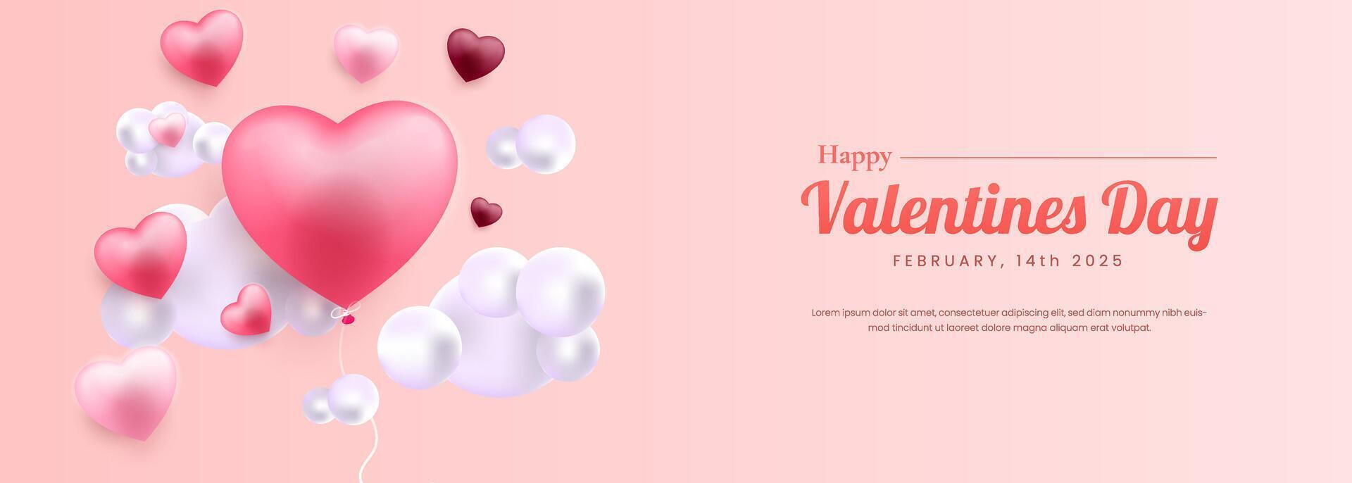 Happy Valentine's Day banner featuring realistic glossy pink hearts balloons and cloud. vector