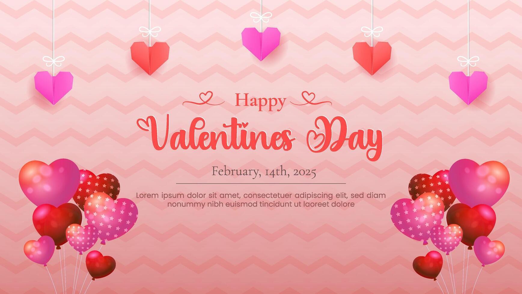 Happy Valentine's Day banner featuring realistic glossy pink hearts balloons. vector