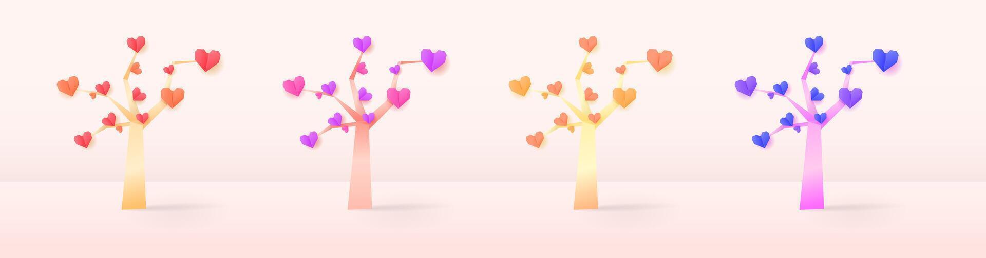 Set tree with heart-shaped leaves in an origami style in soft pastel colors. vector