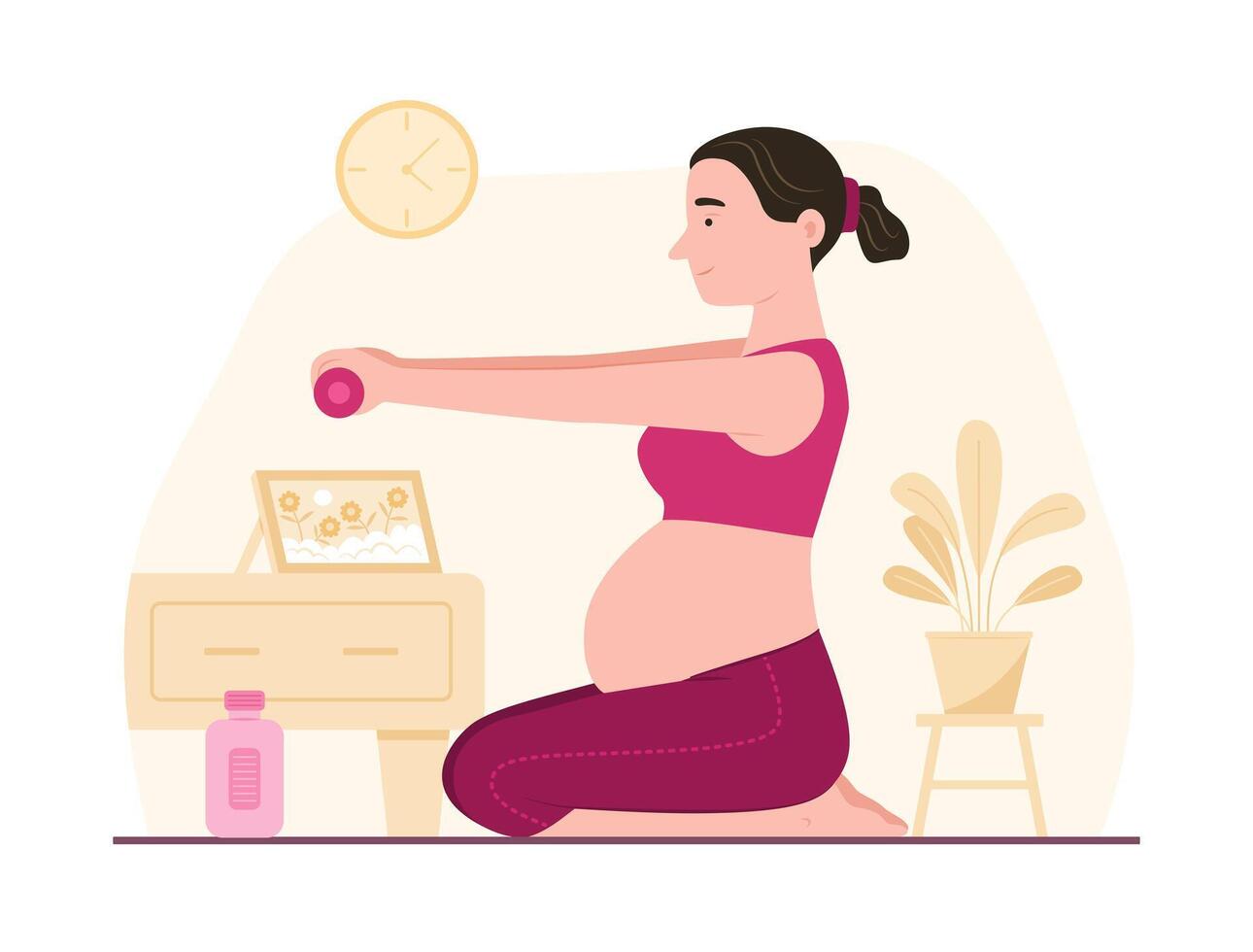 Pregnant Woman Sitting on Mat and Doing Exercise with Dumbbell at Home for Prenatal Health vector