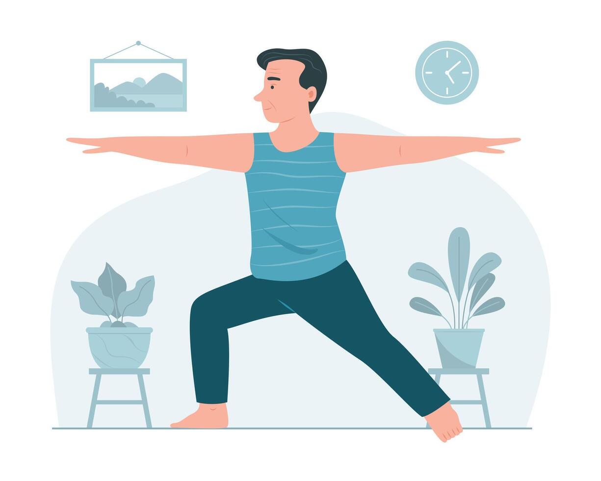 Senior Man Stretching Leg for Doing Yoga Exercise at Home for Healthcare Concept Illustration vector