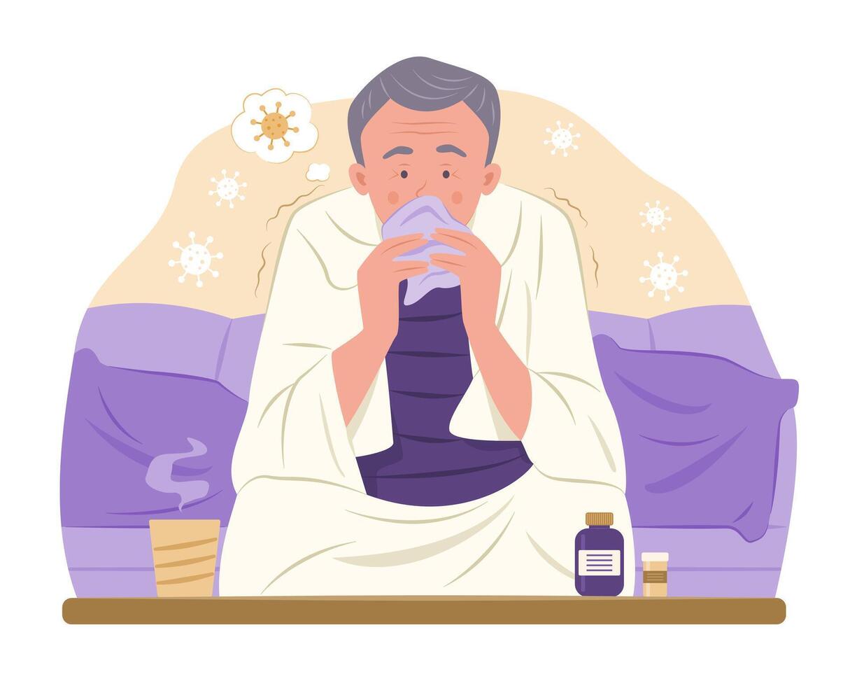 Sick Old Man Blowing Nose into Handkerchief for Fever Concept Illustration vector