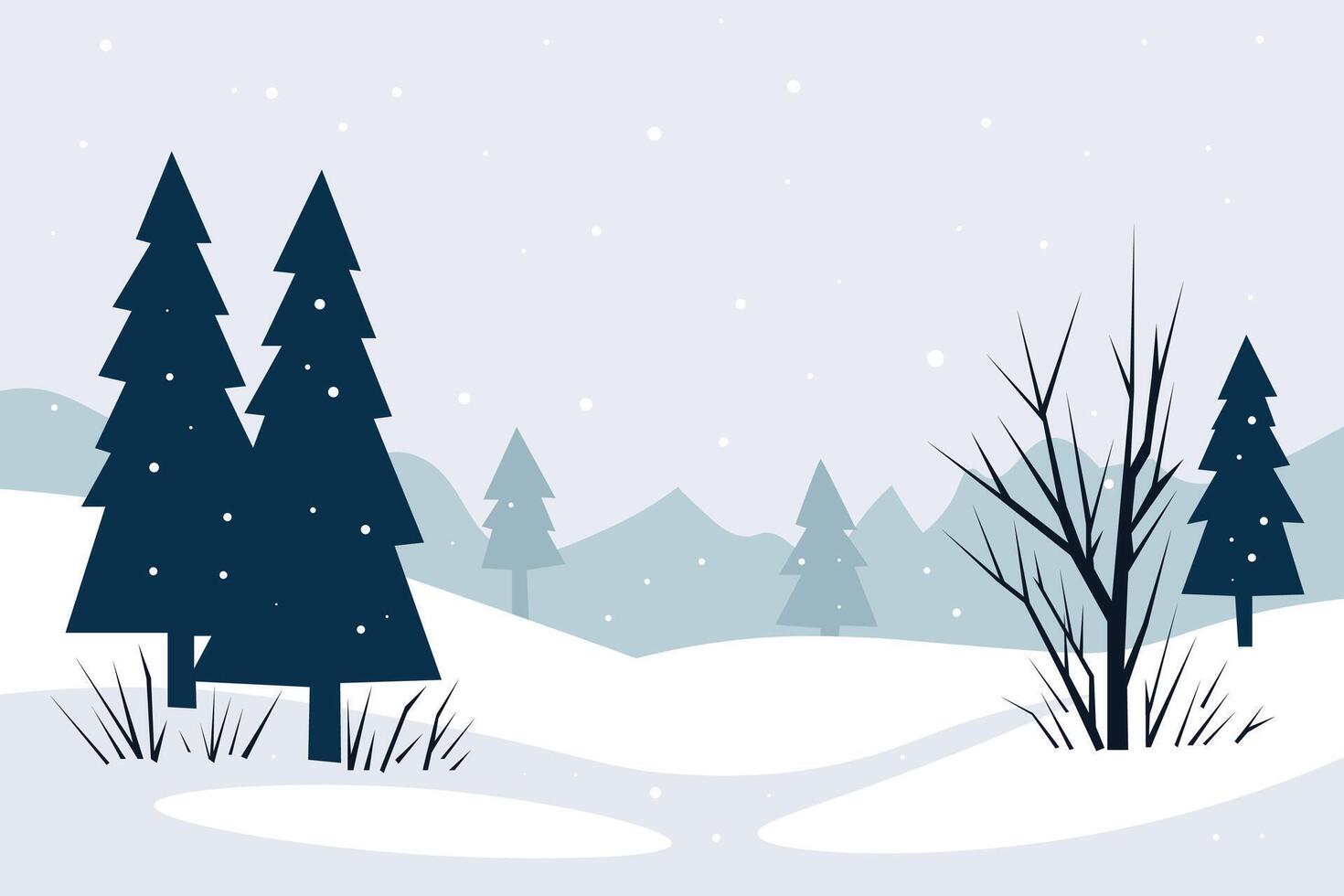 A serene winter landscape featuring snow-covered ground, dark evergreen trees, and bare branches. Snowflakes gently fall from the sky, adding to the tranquil atmosphere. vector