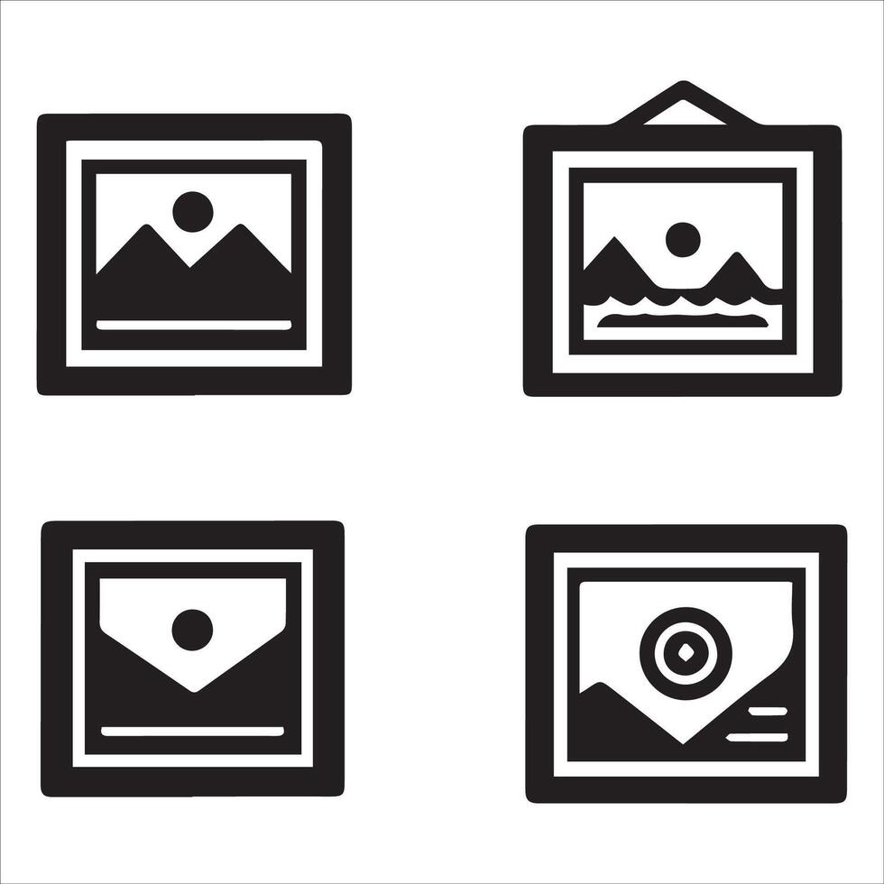 A minimalistic black and white design featuring four square frames, each containing a landscape scene. vector