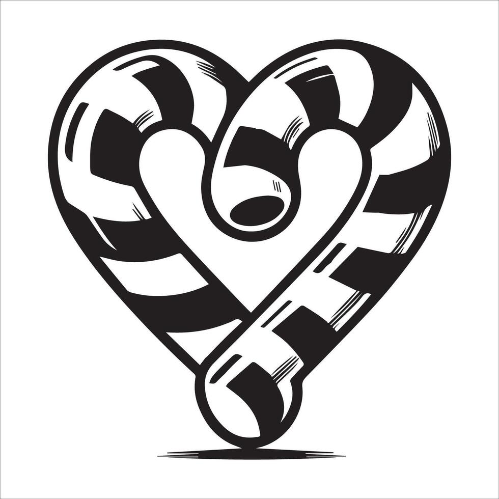 A sleek, black and white drawing of two candy canes entwined to shape a heart. vector
