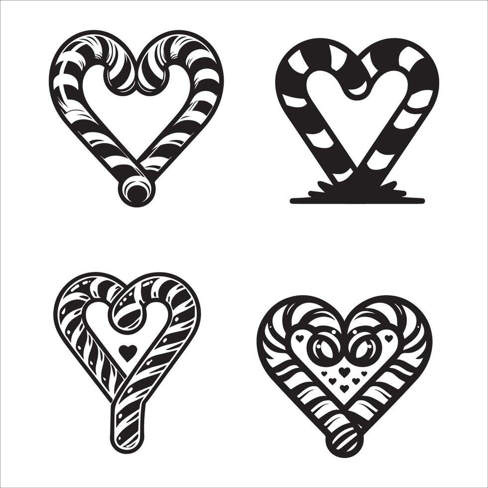 A refined, black and white illustration of two candy canes crossing to form a heart shape. vector