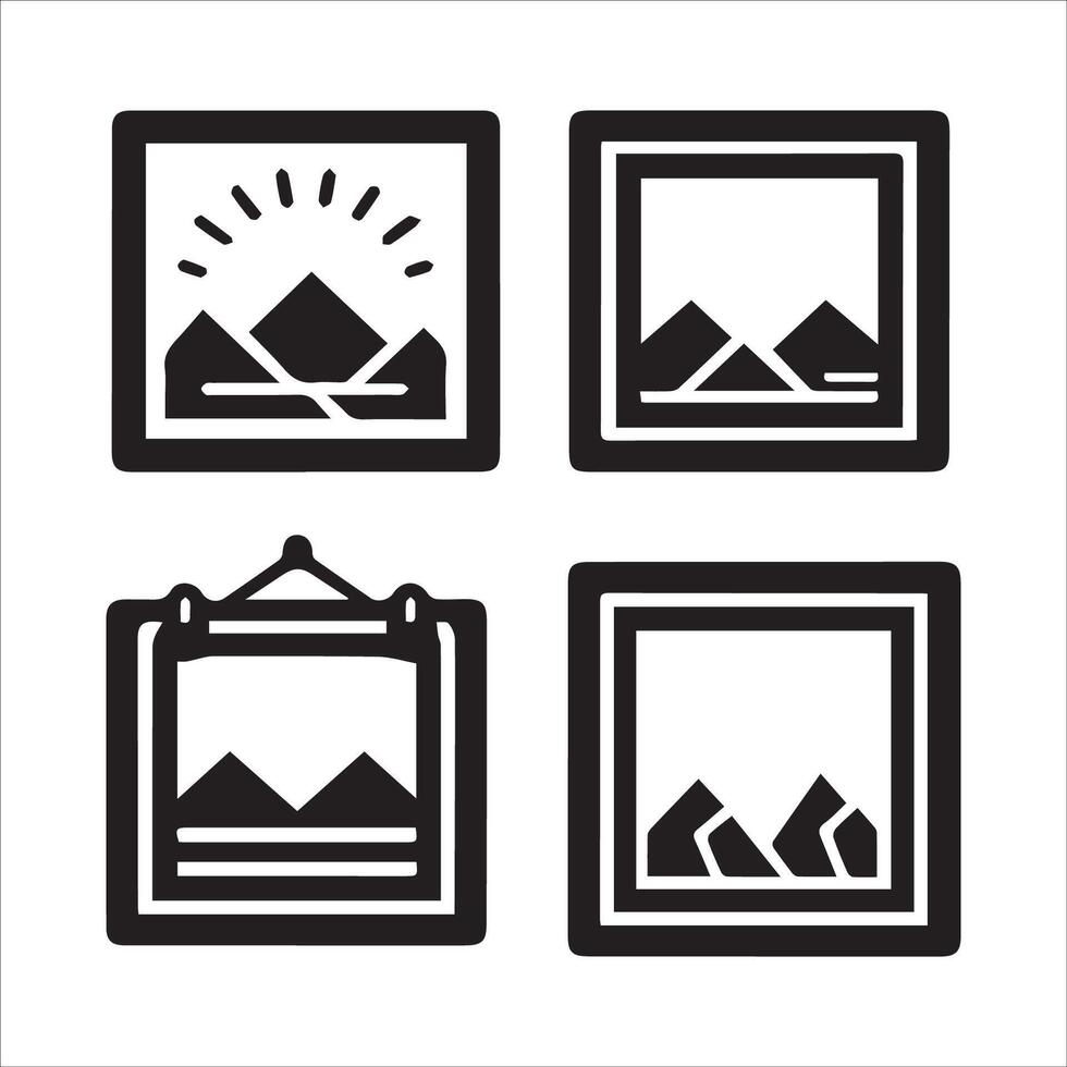 A black and white design with four square frames, each containing a minimalist landscape scene. vector