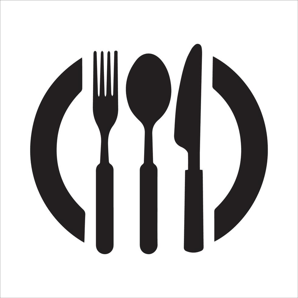 Simple Black and White Outline of Plate, Fork, Spoon, and Knife Silhouette vector