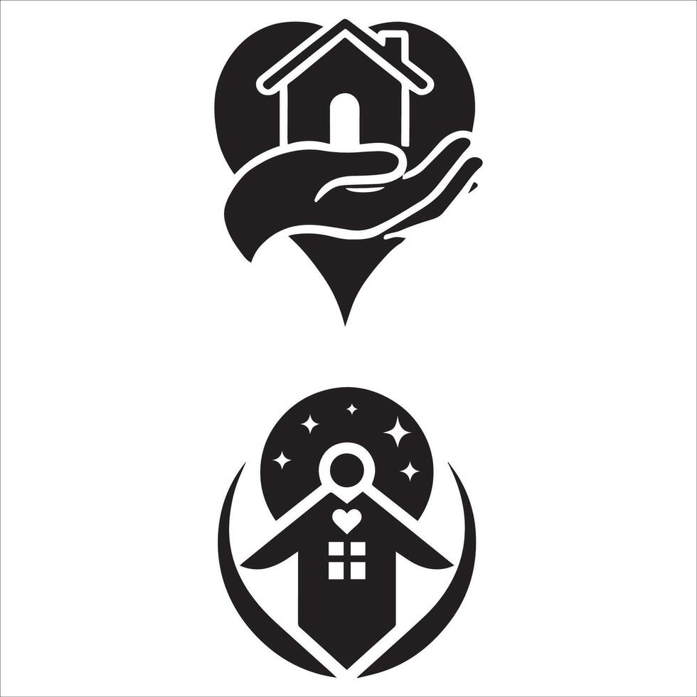 Stylized logos featuring hands holding a house-shaped icon, designed as silhouettes on a white background. vector