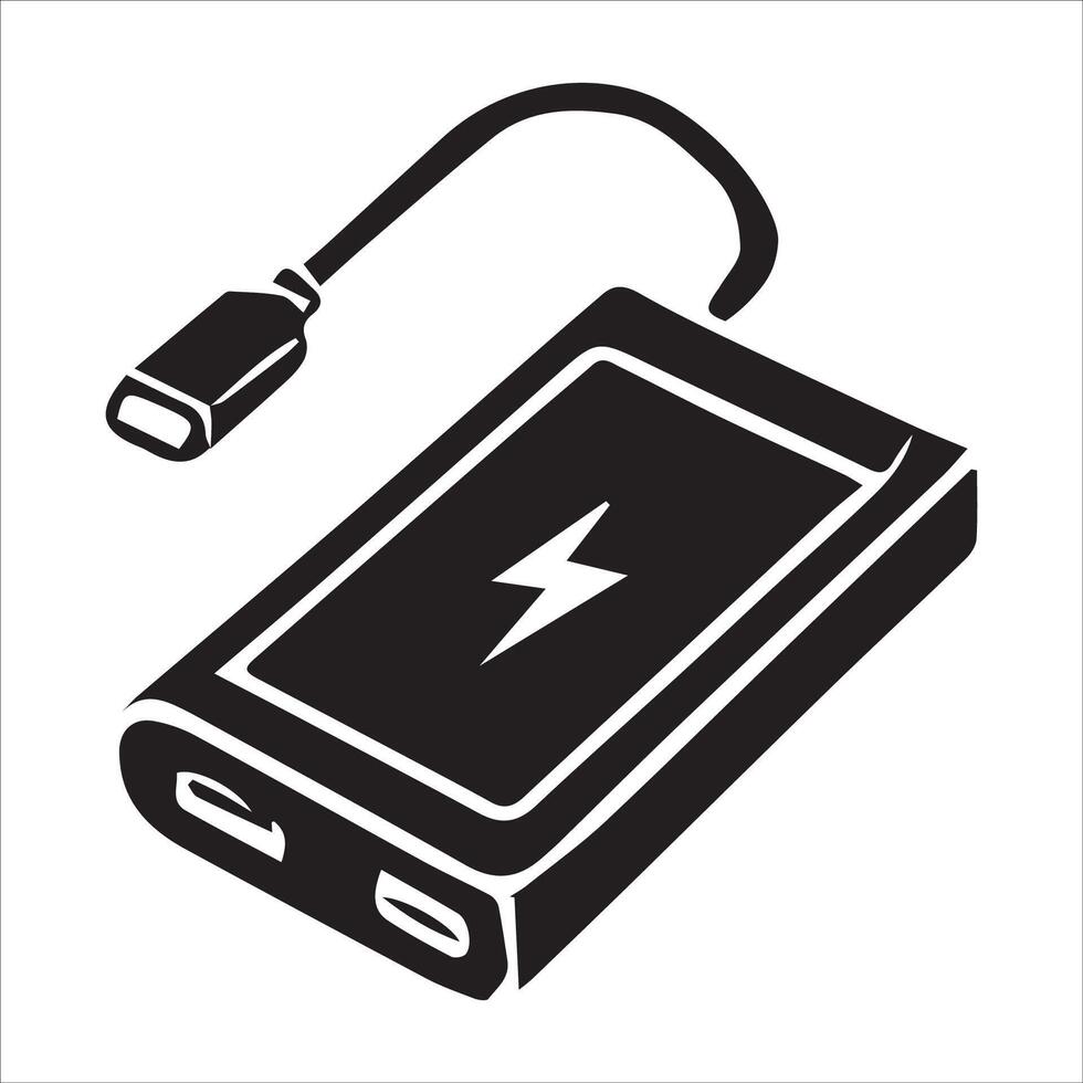 A clean, minimalist graphic of a portable power bank with a charging cable plugged into it. vector