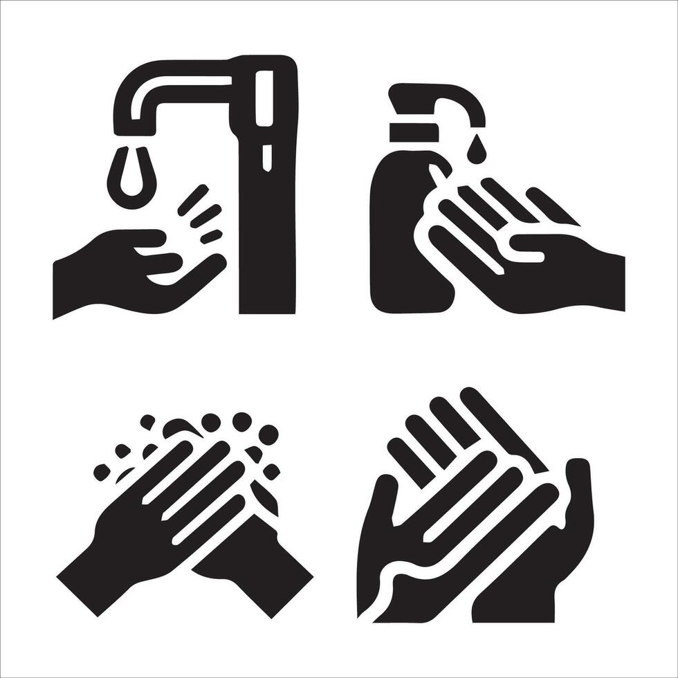 Handwashing and Hand Sanitizer Icons for Hygiene Practices Silhouette on a White Background vector