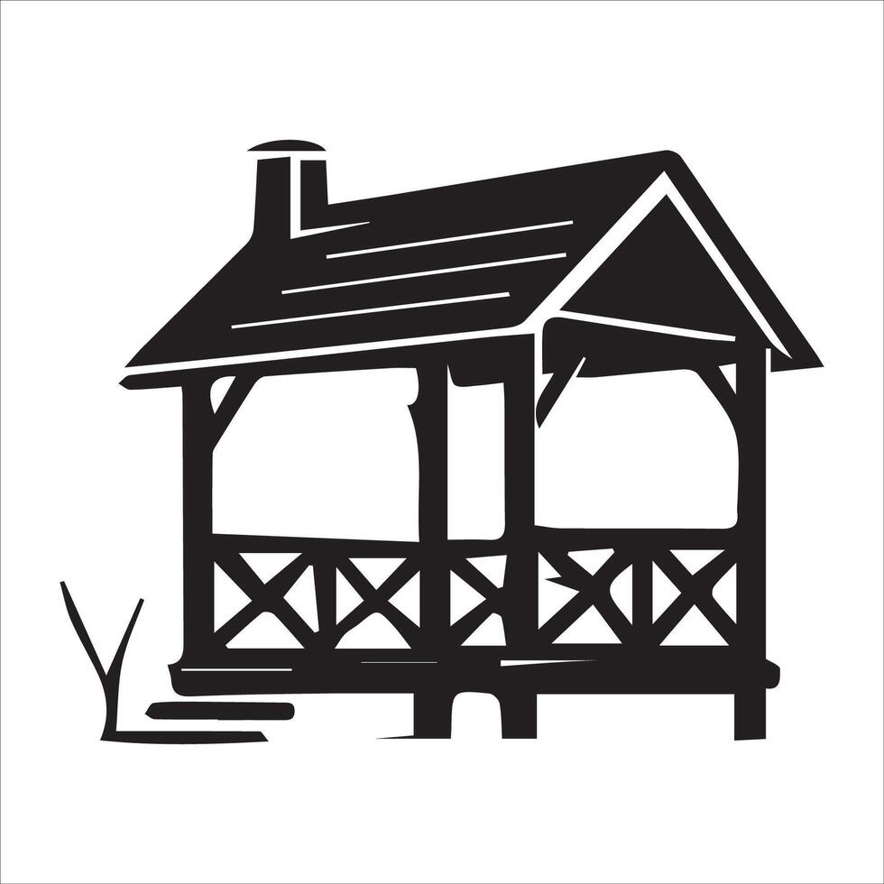A minimalist black and white illustration of a wooden hut silhouette against a white background. vector