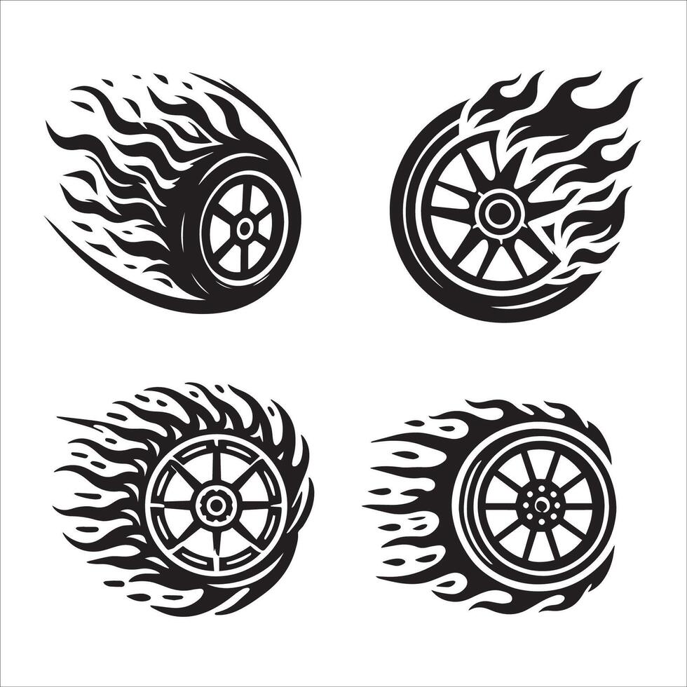 Four black and white silhouettes of car wheels with stylized fire themes, set against a white background. vector