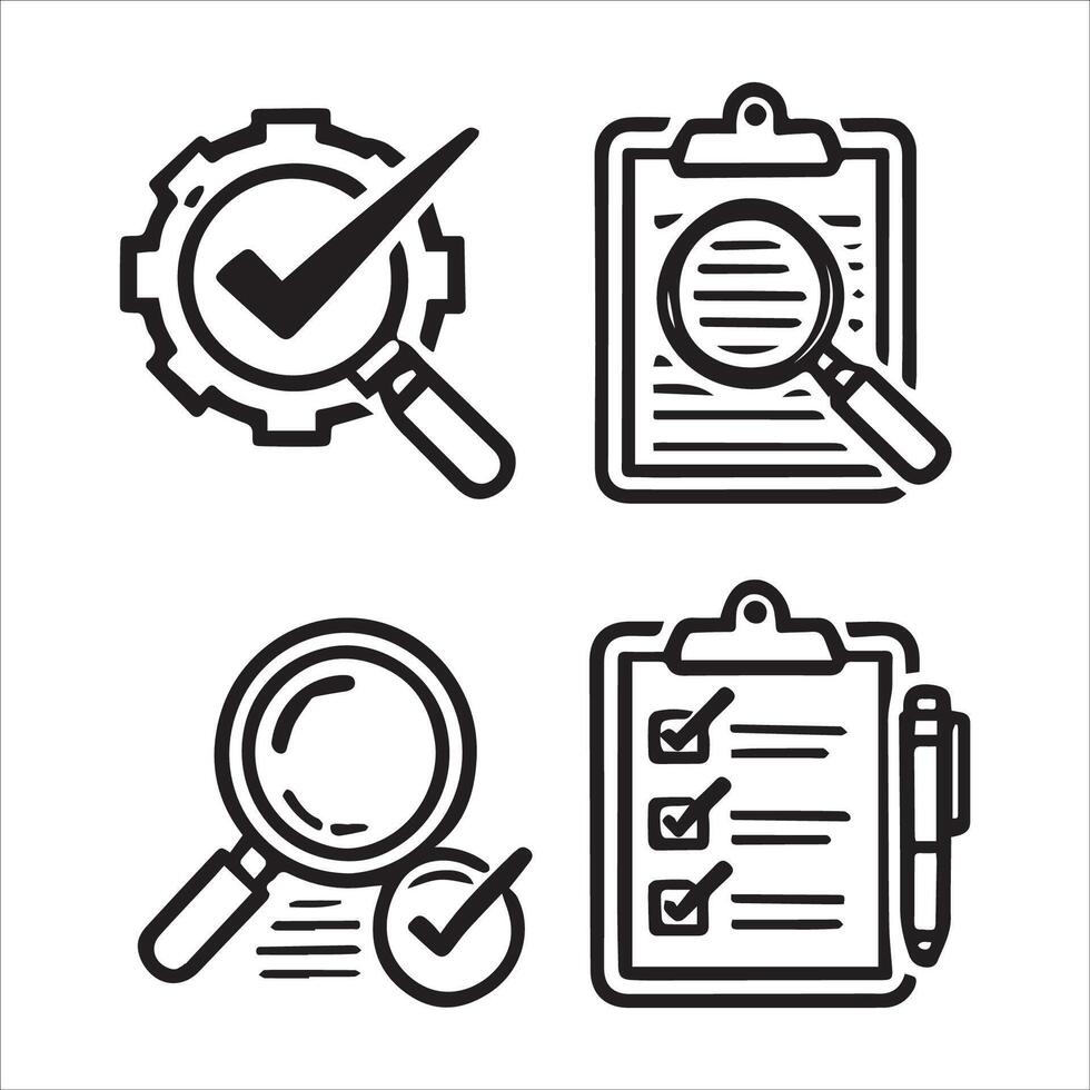 Checklist with Magnifying Glass and Pen for Thorough Review Silhouette on a White Background vector