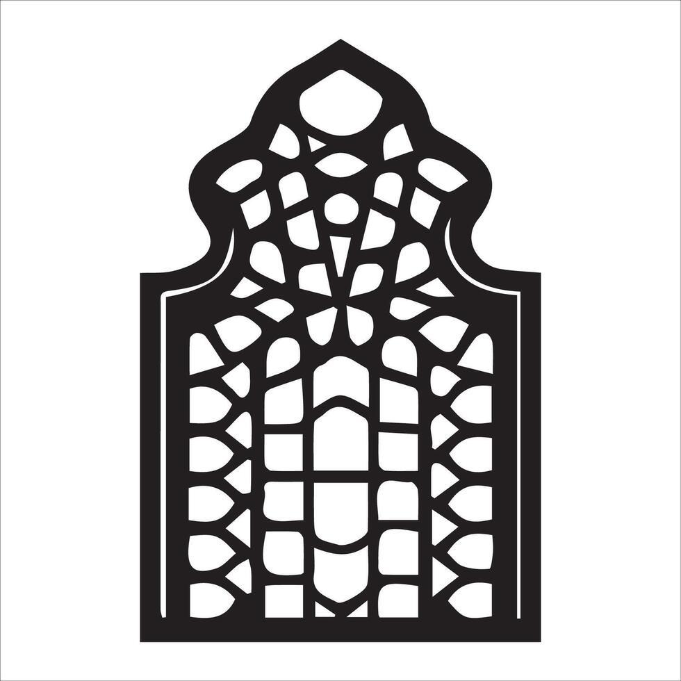 An elegant black and white graphic featuring a detailed Islamic-style window design. vector