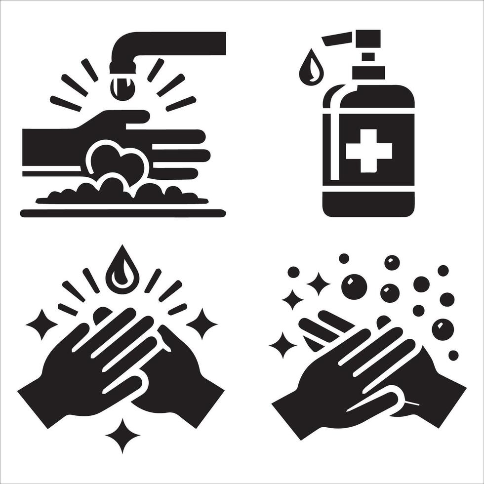 Minimalist Silhouettes of Hand Hygiene Practices on White Backgrounds vector