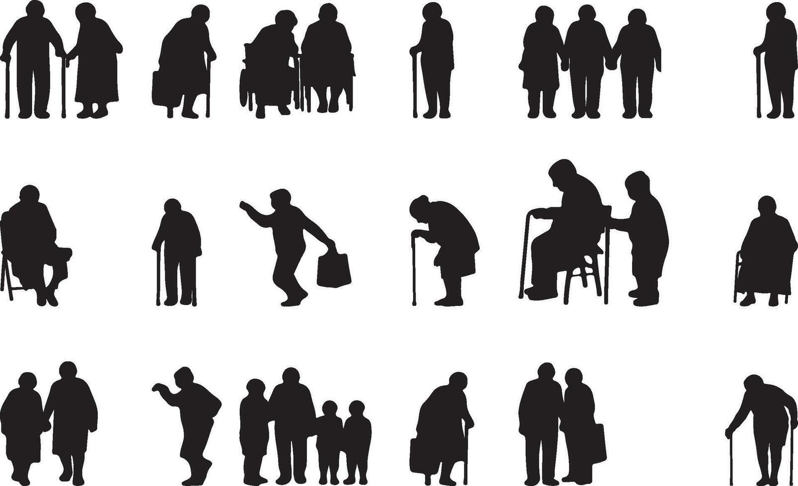 Silhouettes of elderly people in various poses vector