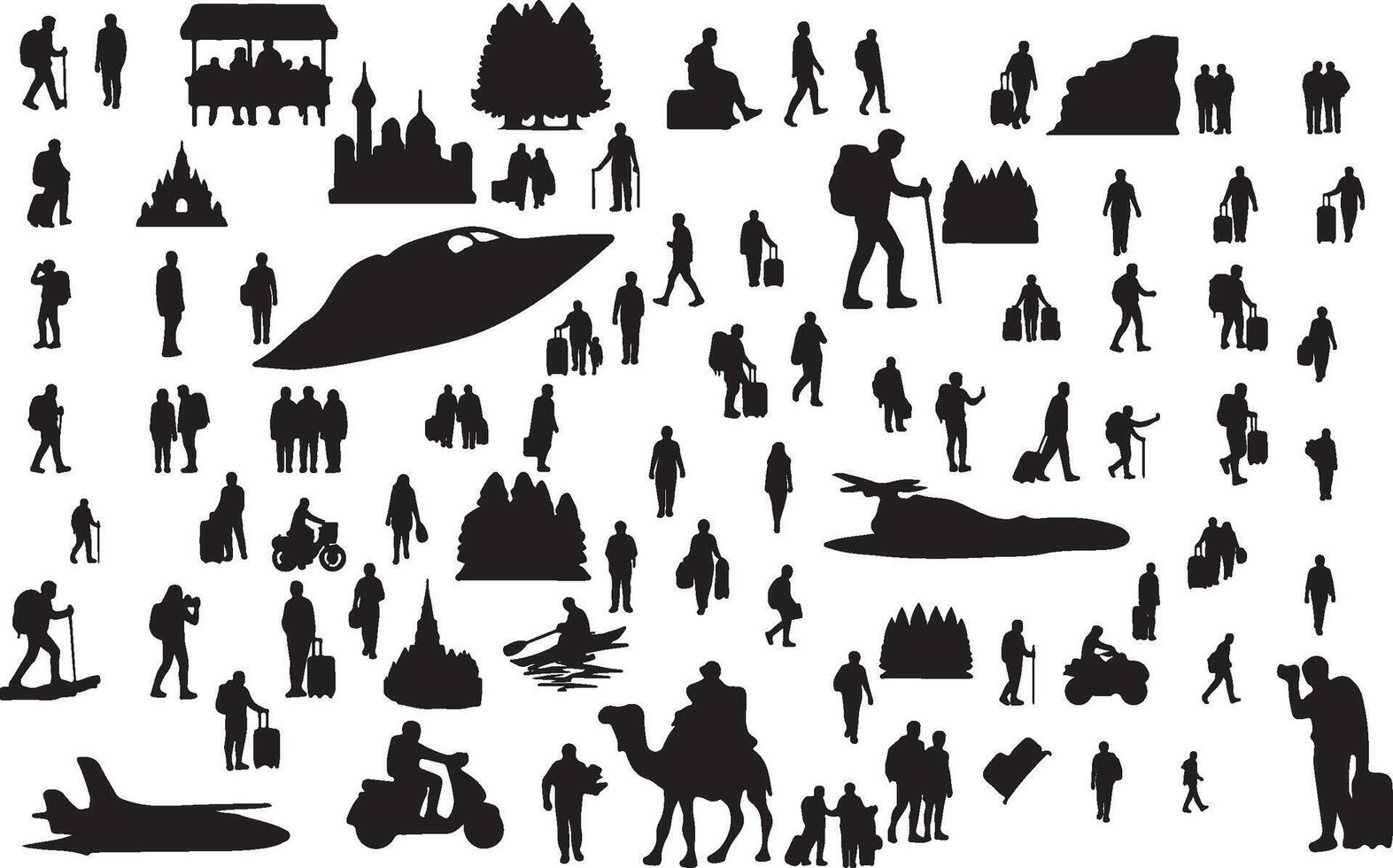 A large collection of silhouettes of people and vehicles vector