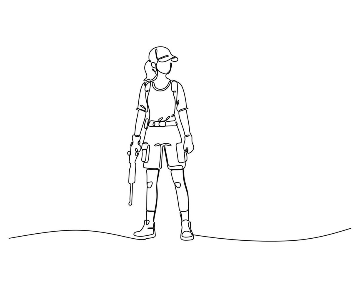Minimalistic line drawing of a person standing and holding a rifle, dressed in tactical gear including a cap, shorts, and knee pads, representing precision, focus, and tactical readiness vector